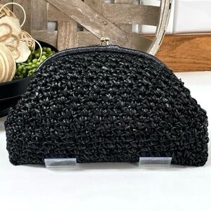 Lesco Vintage 60s Woven Straw Clutch Black Retro Kiss Lock Handbag